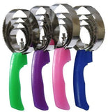 Showman™ metal spring curry comb with glitter handle. Comb meaures 4 1/4" wide and 9" long. Made by  Showman™ products.  Shipped in lots of 12 ( 3 of each) Pink, Purple, Blue, Green.