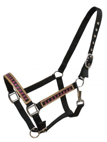 Showman FULL SIZE Painted pink ribbon tooled leather overlay halter