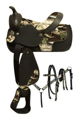 12" Double T  Synthetic saddle set with camo print seat and accents.   * Pattern will vary from shown*