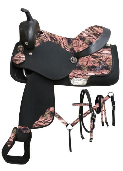 13" Double T  Synthetic saddle set with camo print seat and accents.