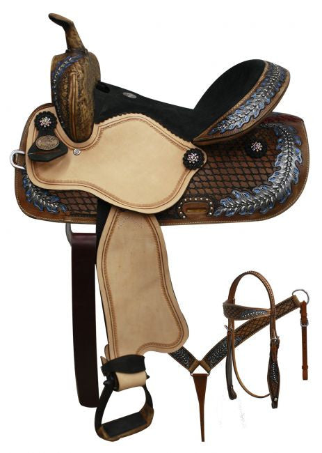14", 15" Double T  barrel style saddle with oak leaf tooled design.