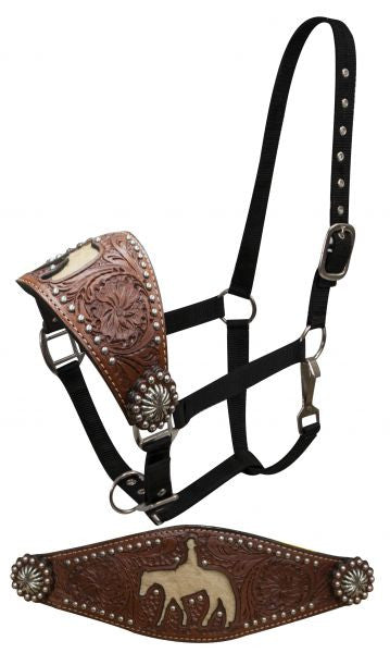 Showman ® nylon bronc halter with cut out hair on cowhide horse and rider.