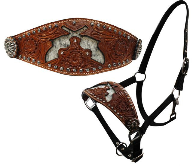 Showman ® nylon bronc halter with cut out hair on cowhide dueling guns.