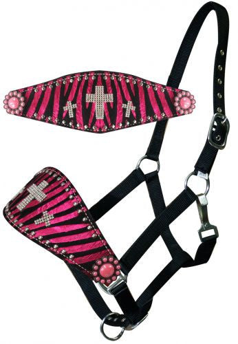 Showman ® Bronc Halter with Hair On Metallic Zebra Print with Bling Crosses