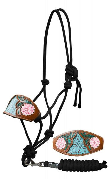 Showman ® Bronc nose cowboy knot halter with painted floral tooled noseband.