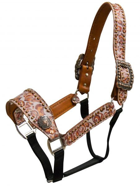 Showman ® Full size Argentina cow leather belt halter with burnt orange filigree print and copper barrel racer conchos.