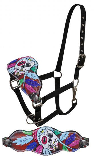 Showman ® FULL SIZE Leather bronc halter with painted sugar skull with feather head dress design.