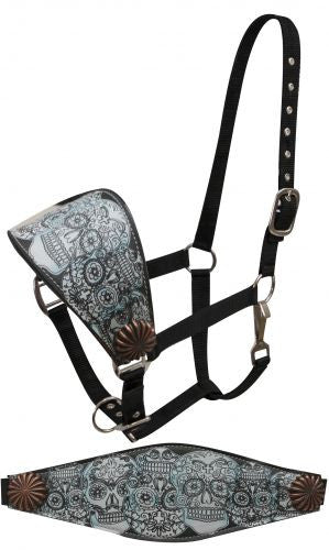 Showman ® FULL SIZE Leather bronc halter with blue tinted sugar skull print accented with copper conchos.