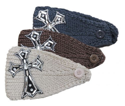 Wide knit headband with crystal rhinestone cross
