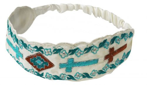 White vintage style headband with embroidered cross and flowers