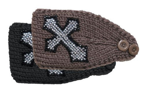 Wide knit headband with crystal rhinestone cross