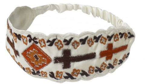 White vintage style headband with embroidered cross and flowers