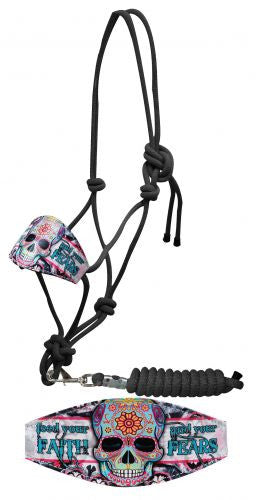 Showman ® "Feed your faith and your fears" sugar skull print bronc nose rope halter.