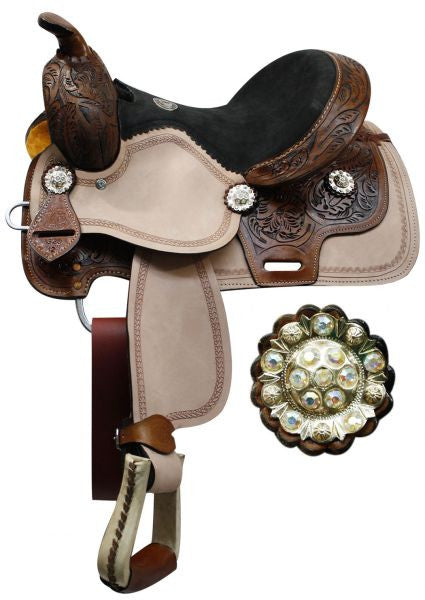 12" Double T youth saddle with floral tooled pommel, cantle, and skirt. Rough out fenders and jockey accented with stitch boarder tooling. Saddle is accented with rhinestone crystal conchos.