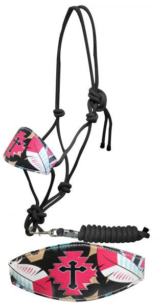 Showman ® Cross & feathers print bronc nose rope halter.