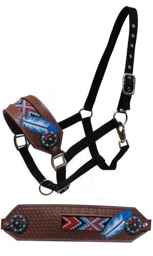 Showman ® FULL SIZE Leather nose halter with beaded inlay and painted feather.