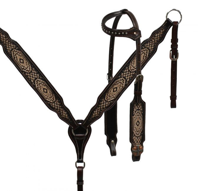 Showman ® Two toned leather headstall and breast collar set with Navajo design.