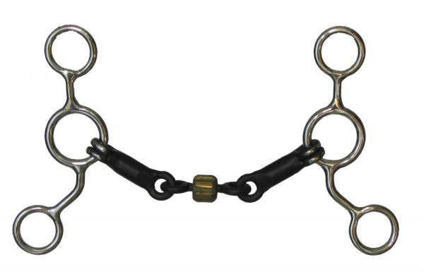 Showman™ stainless steel JR Cowhorse bit with 5" shanks, 5" sweet iron 3 piece snaffle with a center dog bone and copper roller.