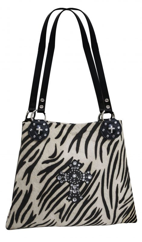 Hair on Zebra handbag with embellished rhinestone cross