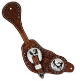 Showman™ men's size floral tooled leather silver studded spur straps with silver engraved calf roper conchos.