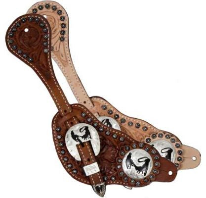 Showman™ men's size floral tooled leather silver studded spur straps with silver engraved calf roper conchos.
