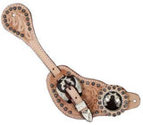 Showman™ men's size floral tooled leather silver studded spur straps with silver engraved cross pistol conchos.
