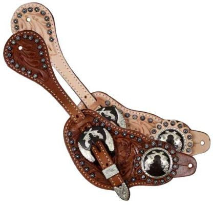Showman™ men's size floral tooled leather silver studded spur straps with silver engraved cross pistol conchos.