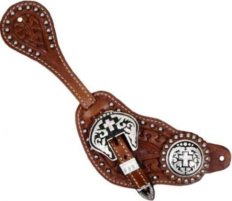 Showman™ men's size tooled leather silver beaded spur straps with silver engraved cross conchos.