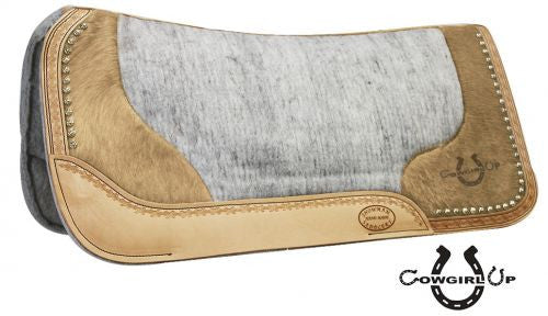 Showman™ Felt Bottom Saddle Pad. Hand Tooled Hair on Argentina Cowhide With Laser Etched " Cowgirl Up".