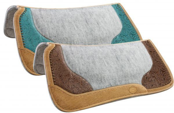 Showman ® 32" x 31" Contoured Felt bottom saddle pad with filigree print and Argentina cow leather trim.