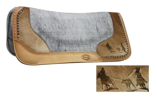 Showman™ Felt Bottom Saddle Pad. Hand Tooled Hair on Argentina Cowhide With Laser Etched Team Roper.