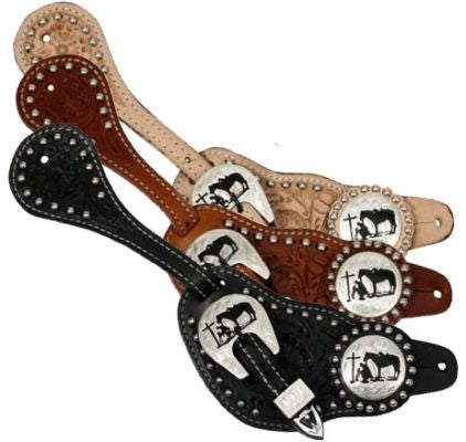 Showman™ men's size floral tooled leather silver beaded spur straps with silver engraved praying cowboy conchos.