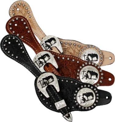 Showman™ Ladie's size floral tooled leather silver beaded spur straps with silver engraved praying cowboy conchos.