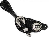 Showman™ Ladie's size floral tooled leather silver beaded spur straps with silver engraved praying cowboy conchos.