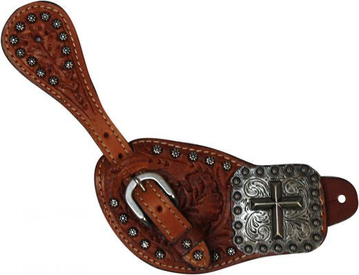 Showman™ Ladies spur strap with oak leaf tooling with large square engraved concho with raised cross.