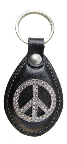 Showman™ black leather key chain with silver peace sign concho accented with crystal rhinestones. Measures aprox 4 1/2".