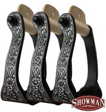 Showman ® Black engraved aluminum stirrups with rhinestones