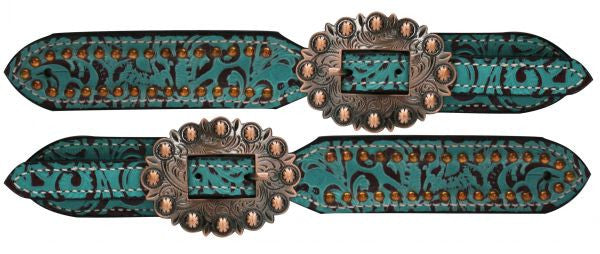 Showman™  Ladies Teal Belt Style Spur Straps with Filigree Print.