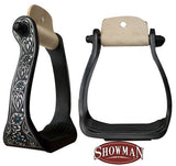 Showman ® Black engraved aluminum stirrups with rhinestones