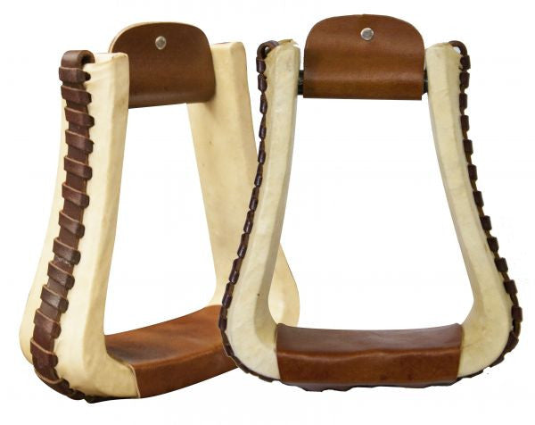 Showman ® rawhide covered pleasure style western stirrups with leather lacing.