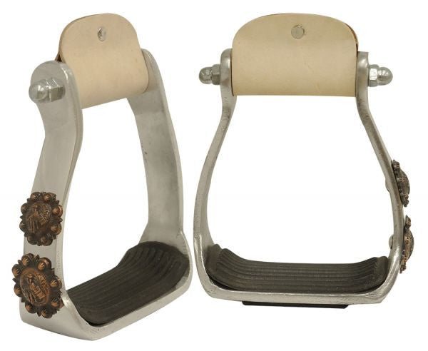 Showman ® Light weight polished aluminum stirrups with copper engraved barrel racer conchos.
