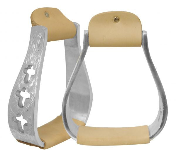 Showman ® Engraved polished aluminum stirrups with cut out cross design.