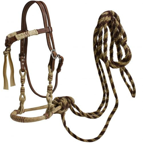 Showman ® leather futurity knot headstall with rawhide braided bosal and horse hair mecate reins.
