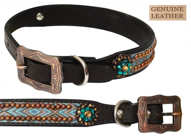 Showman Couture ™ Genuine leather dog collar with copper studded Navajo print.