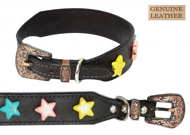 Showman Couture ™ Genuine leather dog collar with large star beads.