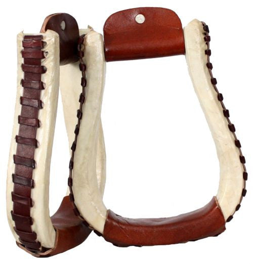 Showman™  rawhide covered stirrups with leather lacing.