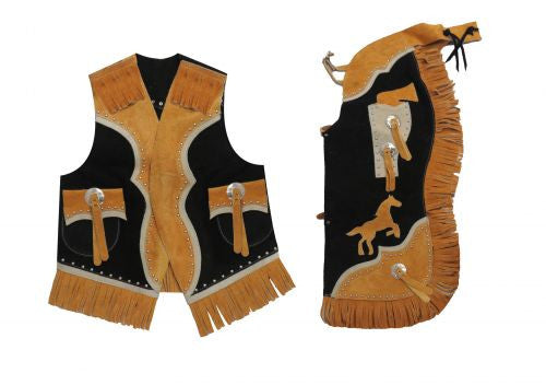 Kid's size two tone suede leather chap and vest outfit with fringe.