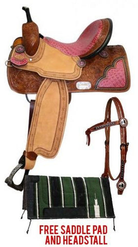 14" , 15", 16" Double T Barrel Style Saddle package set with Pink Alligator Print Seat.