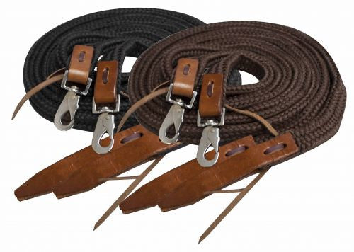Showman ® 8ft flat braided nylon reins with leather popper ends.