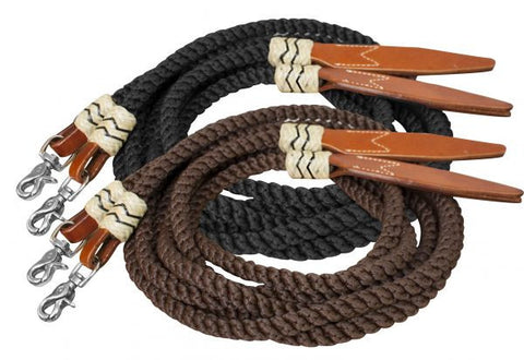 Showman ® 8ft rolled nylon split reins with leather poppers.